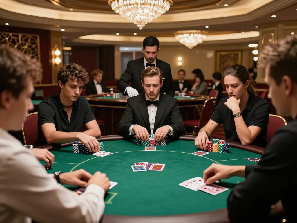 Players engaging in a strategic poker game at a luxurious table, highlighting the essence of gamebaidoithuong.