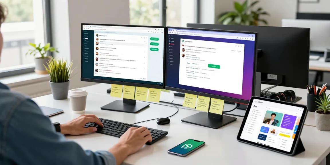 Person using WhatsApp網頁版 on desktop in a modern workspace, surrounded by tech tools.
