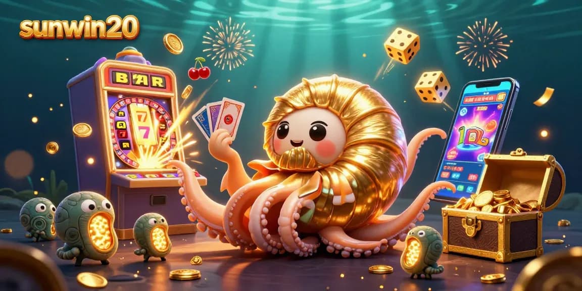Spin and win with sunwin20 in this vibrant 3D casino scene featuring jackpot excitement and casino games.