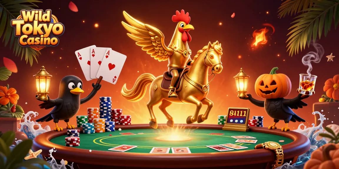 Gioca al Wild Tokyo Casino e vinci con le slot, mentre il gallo dorato cavalca il casinò.