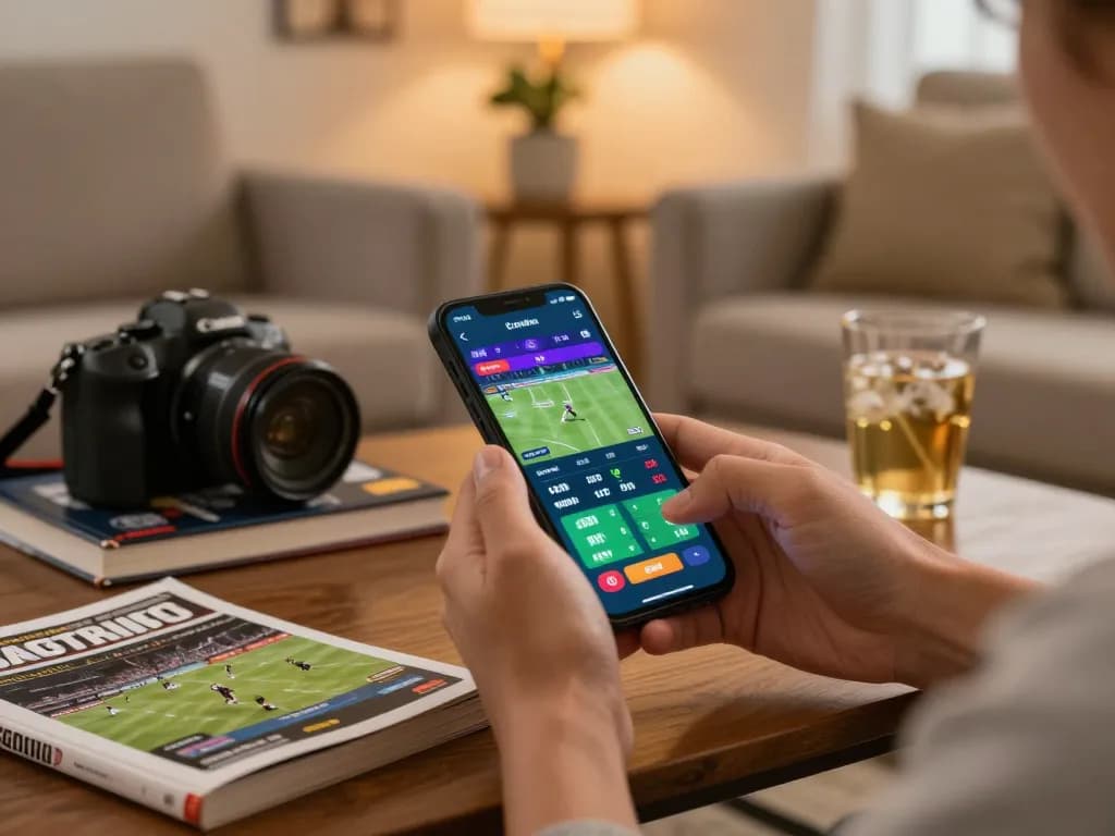 Person placing sports bets on smartphone in cozy living room reflecting F168 gambling strategy.