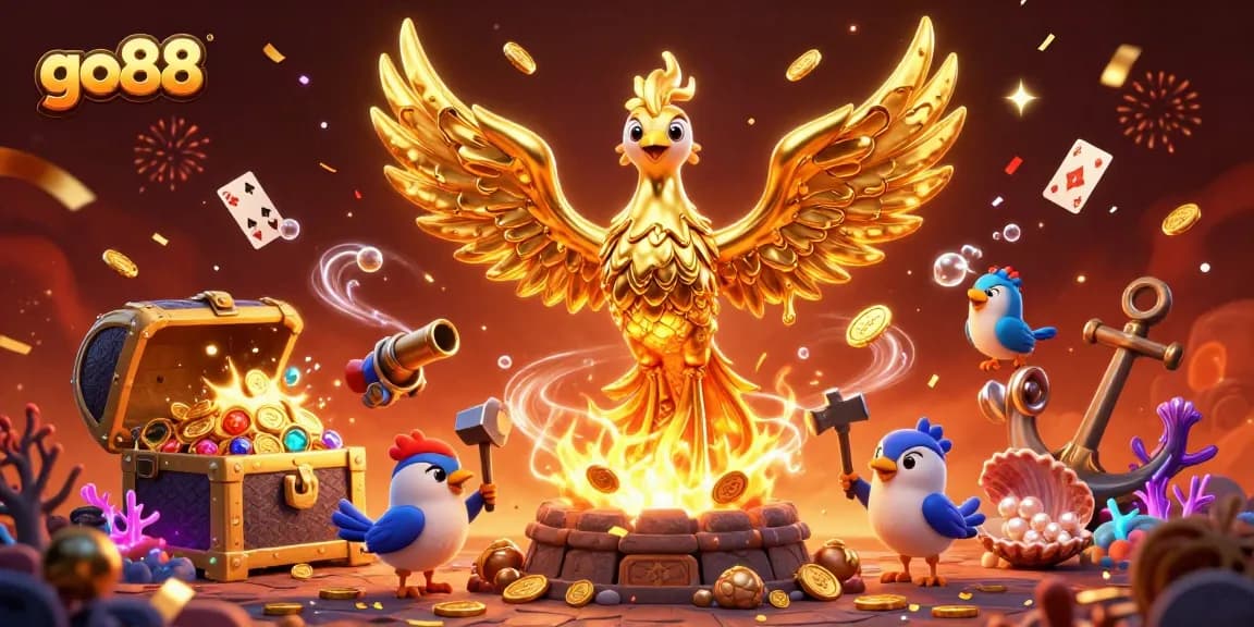Join the excitement at go88 with a golden phoenix amidst a treasure explosion in this dynamic 3D scene.