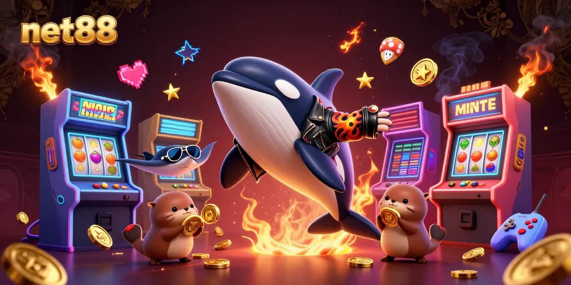 Engage with net88 casino action featuring 3D characters collecting gold coins among slot machines and vibrant elements.