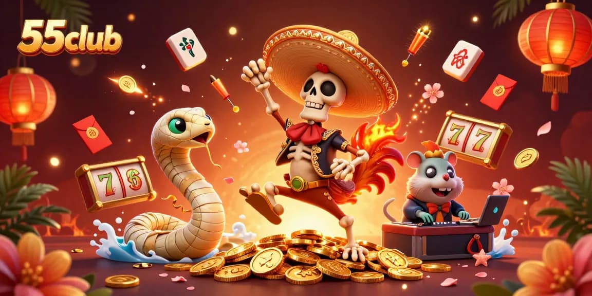 Join the 55club gaming adventure with a vibrant victory dance scene featuring lively characters and casino elements.