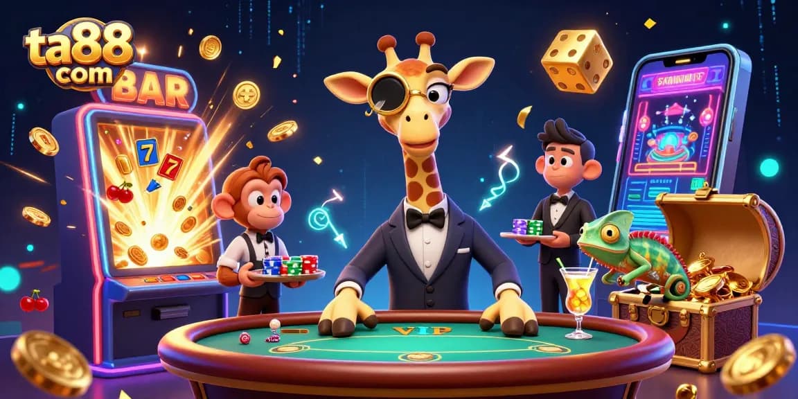 Engage with ta88 com's exciting casino features amid a vibrant illustration of a giraffe at a poker table.