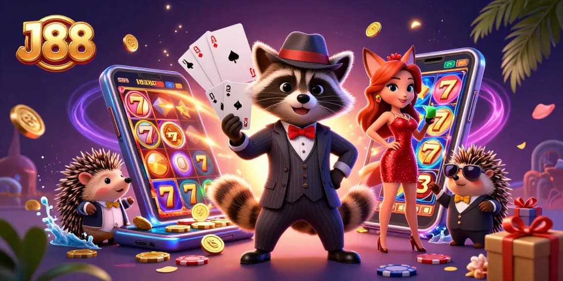 Experience J88 action with a suave raccoon, a charming fox, and a hedgehog at a vibrant casino scene.