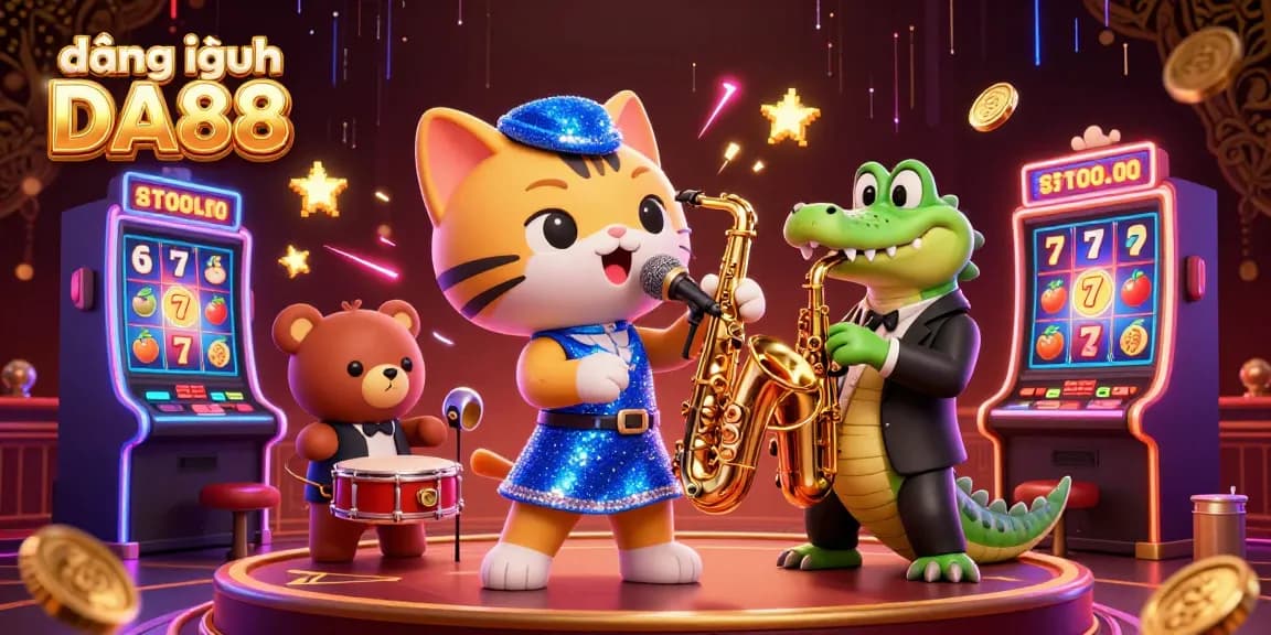 Experience the thrill of đăng nhập DA88 at a vibrant casino scene with jazz-singer cat and gaming elements.