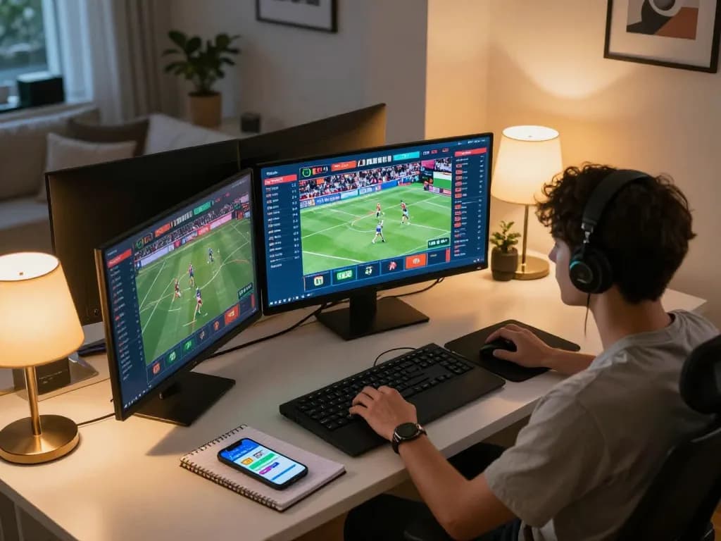 Engaged bettor analyzing sports odds at home, enhancing Net88 betting experience with strategic insights