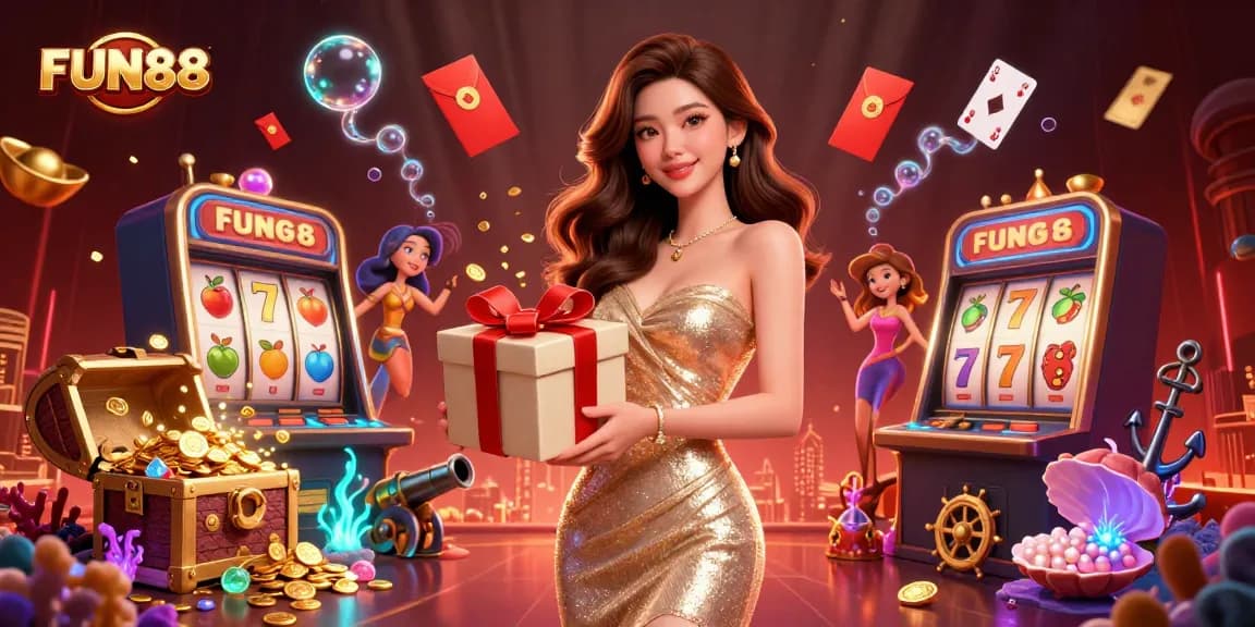 Play exciting slots and win big with FUN88 in this festive casino illustration.
