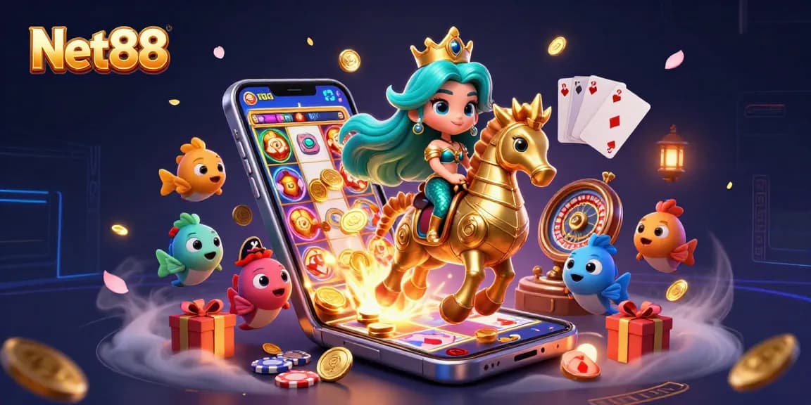 Play exciting slot games at Net88 with vibrant 3D illustrations showcasing fun casino elements.