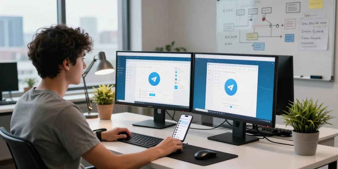 Developer using the Telegram web version in a modern tech workspace.