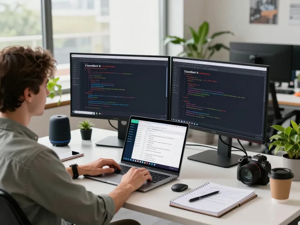 Workspace featuring Clawdbot AI assistant on dual monitors, highlighting automation and integration in a modern tech environment.