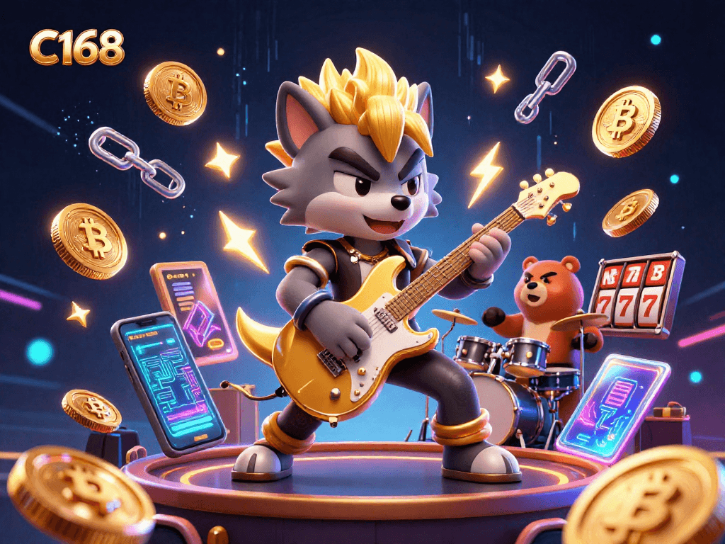 C168 provides thrilling online casino action with a vibrant 3D wolf rock star and interactive gaming elements, including crypto coins and jackpot symbols.