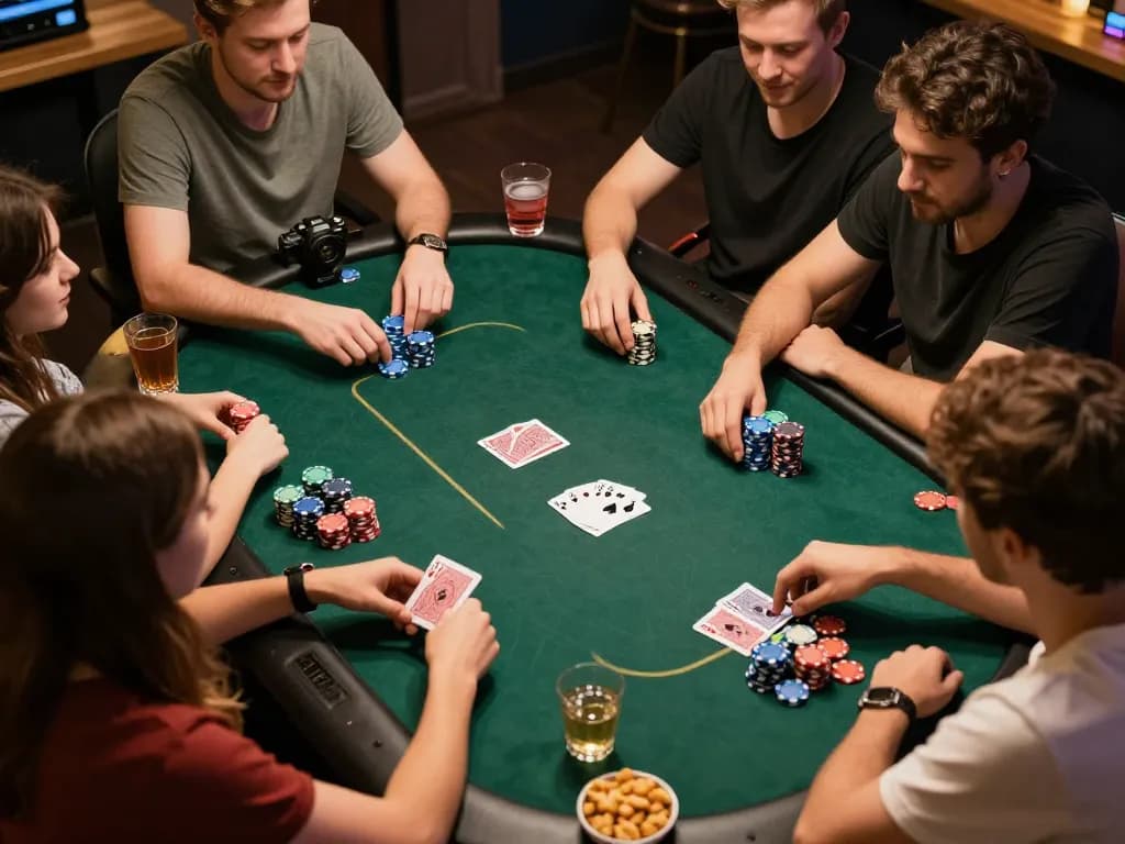 Friends playing poker at home while enjoying 99ok gaming experience together, with chips and cards clearly visible.