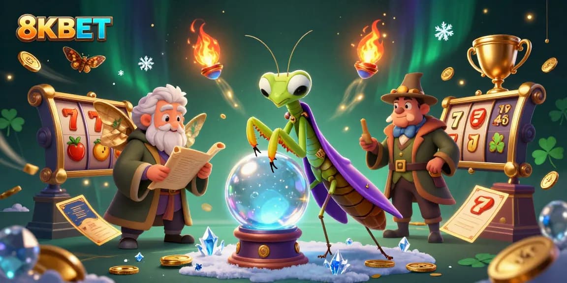 Experience thrilling wins at 8KBET with a captivating scene of a fortune teller and lively casino elements.