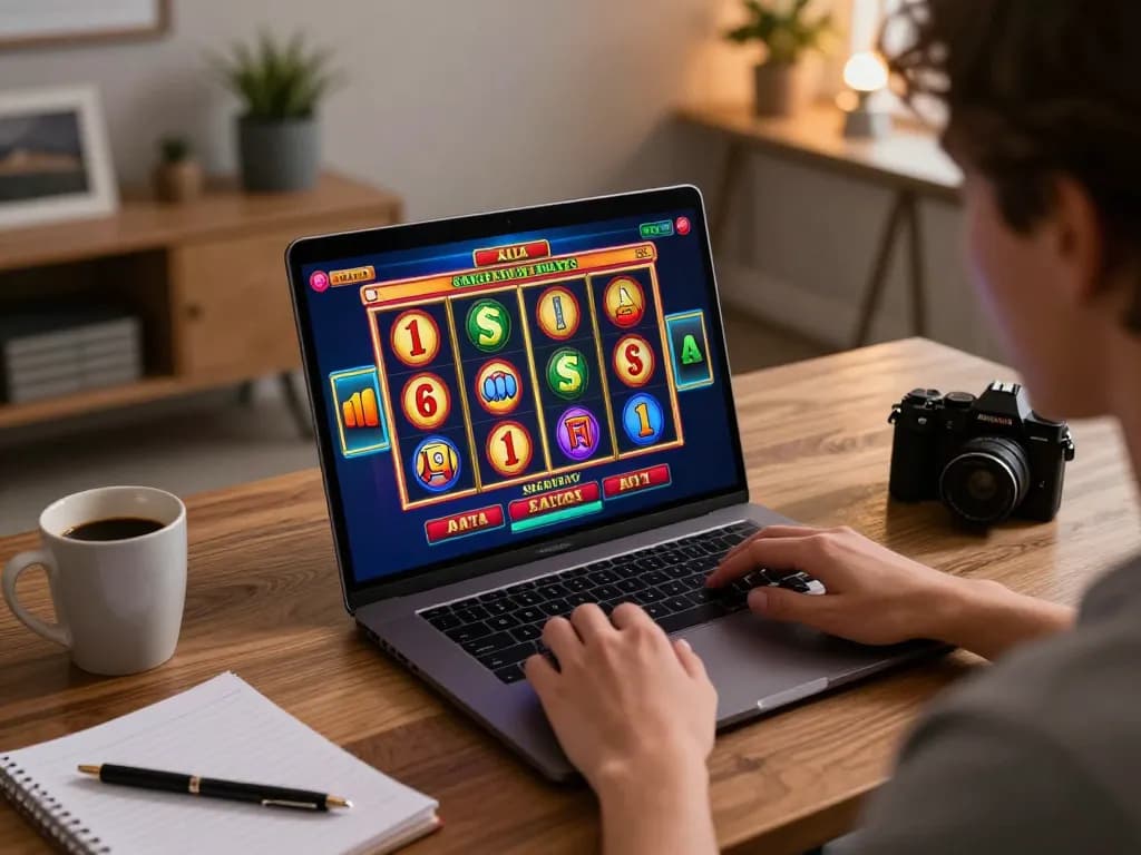 Pemain yang terlibat dalam permainan raja slot di laptop di rumah, menyoroti kesenangan strategis