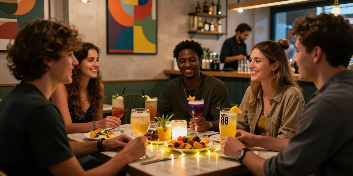 Enjoying cocktails with friends at café featuring rokok 88 in vibrant atmosphere