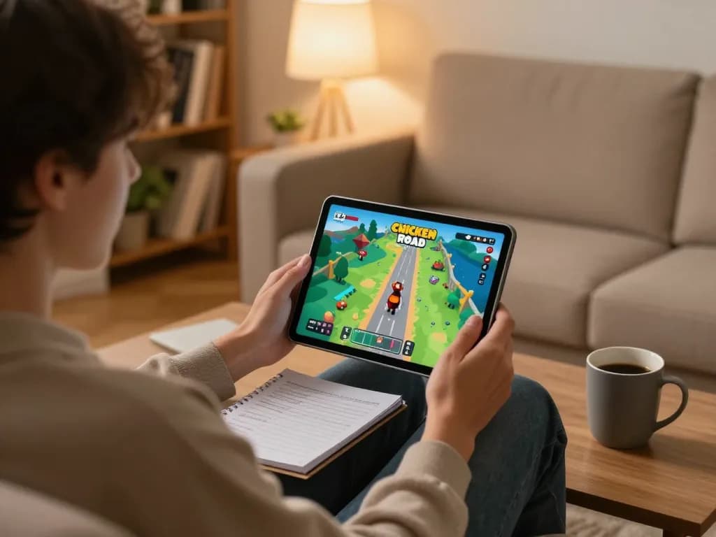 Scena di gioco domestico coinvolgente che mostra le recensioni di Chicken Road su un tablet, evidenziando l'emozione del gameplay e la strategia