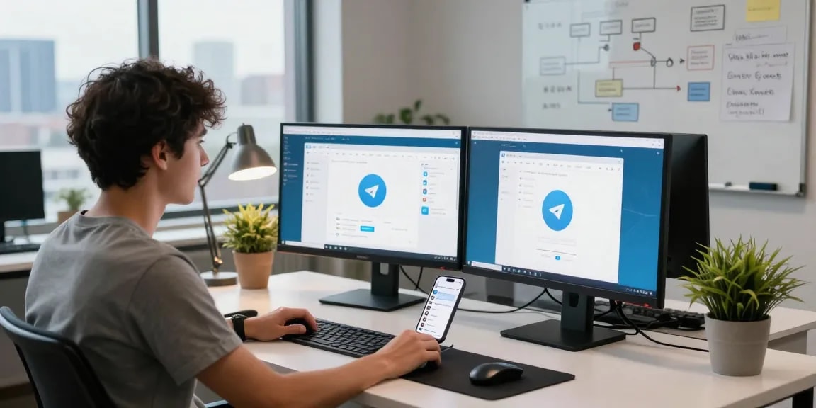 Developer using the Telegram web version in a modern tech workspace.