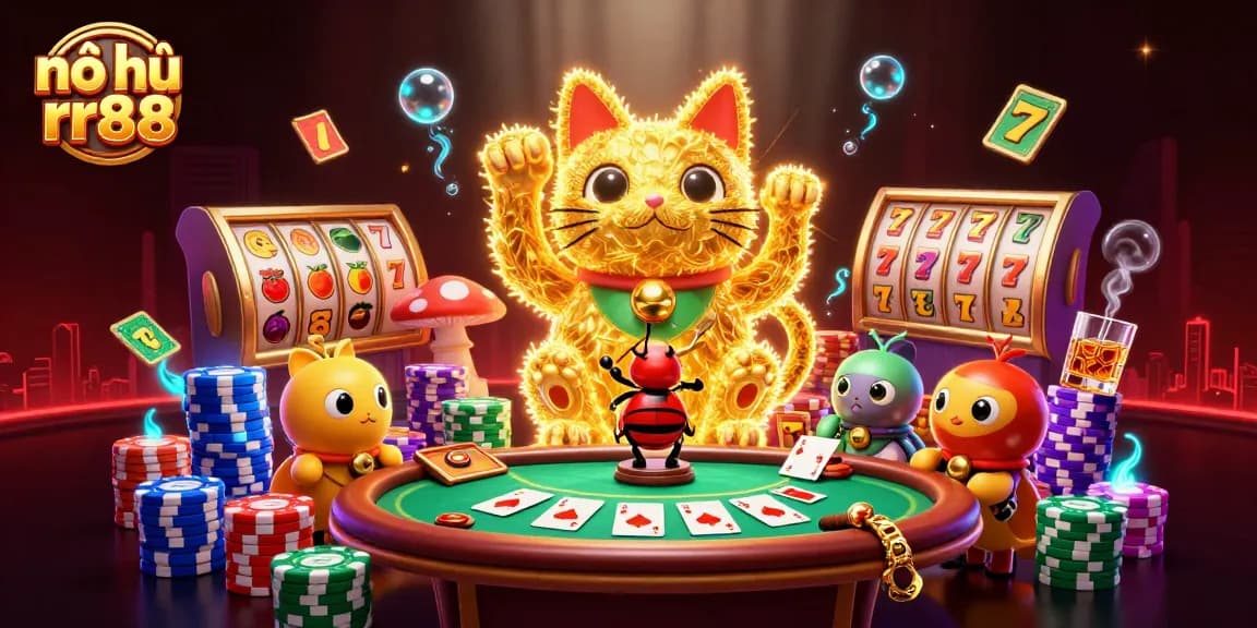 Play exciting nổ hũ rr88 with a vibrant 3D illustration showcasing casino symbols and a lucky cat