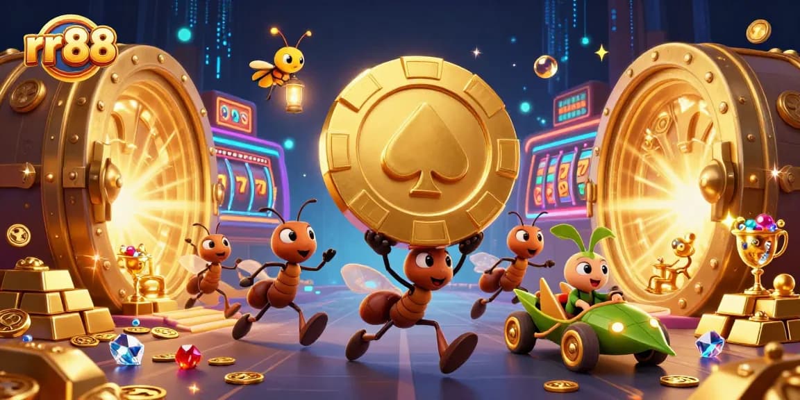 Experience rr 88's vibrant casino excitement as ants steal a giant poker chip, enhancing thrill dynamics.