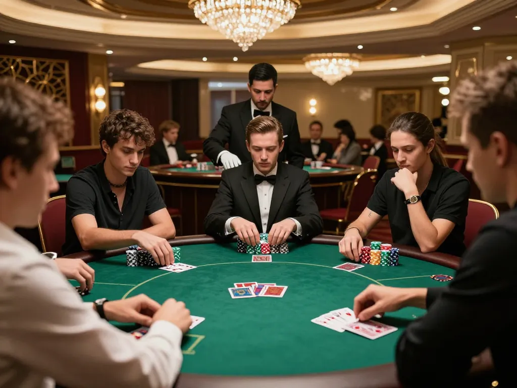 Players engaging in a strategic poker game at a luxurious table, highlighting the essence of gamebaidoithuong.