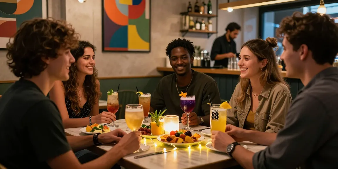Enjoying cocktails with friends at café featuring rokok 88 in vibrant atmosphere