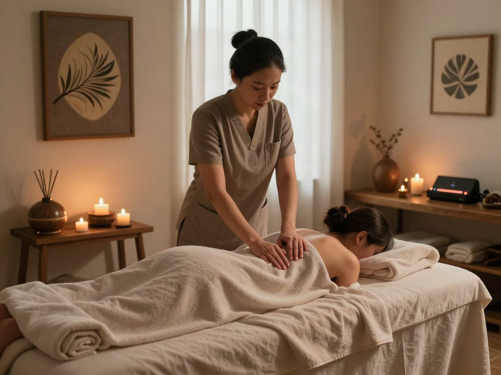 병점출장마사지 session in a calming massage room with candles and essential oils.