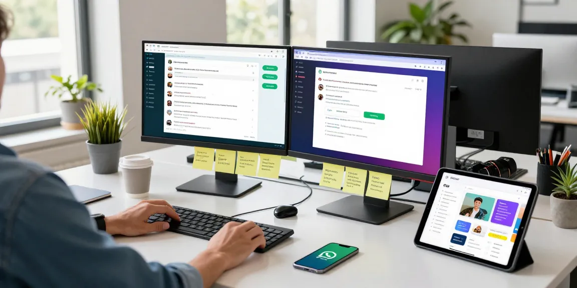 Person using WhatsApp網頁版 on desktop in a modern workspace, surrounded by tech tools.