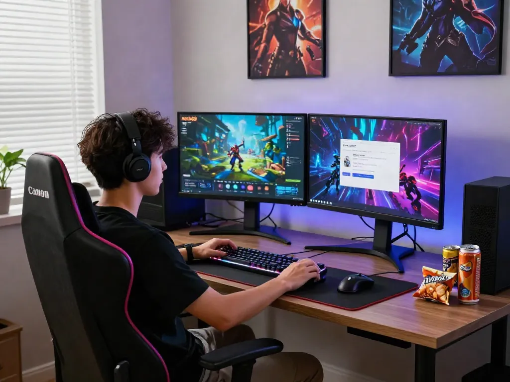 Engaging home gaming setup featuring rokok88 login on multiple screens, vibrant colors and gaming accessories.