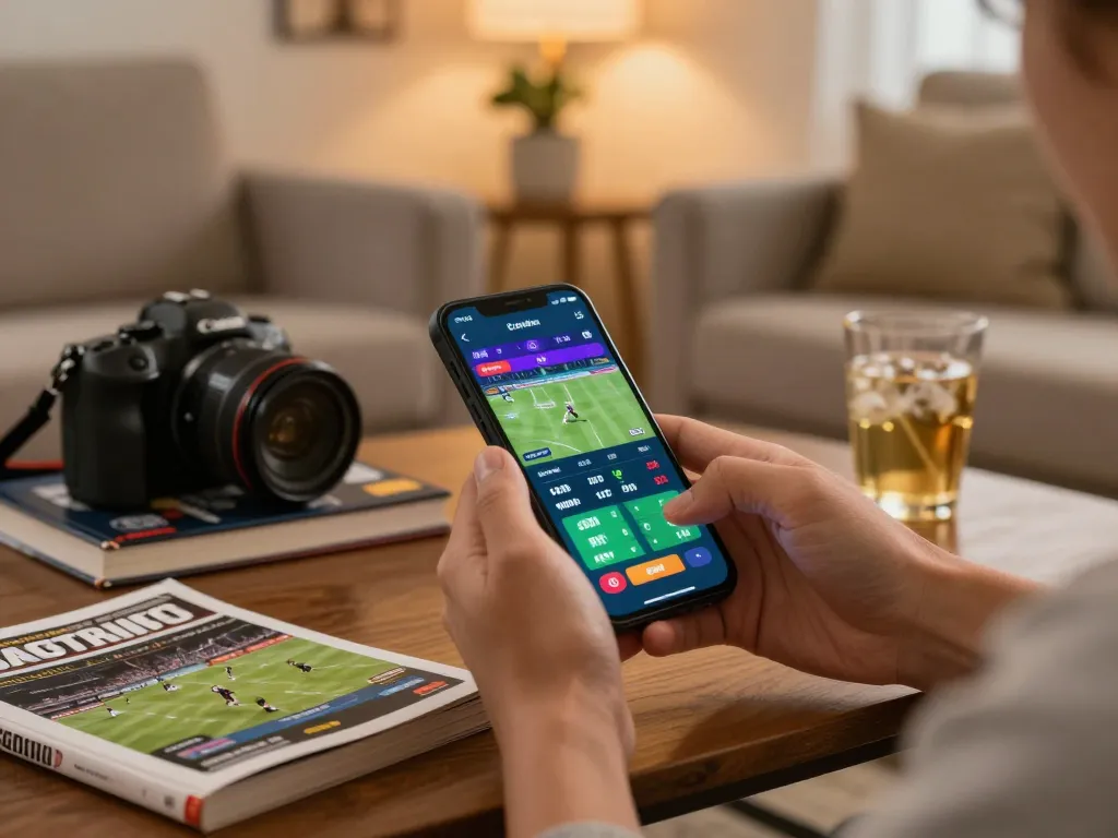 Person placing sports bets on smartphone in cozy living room reflecting F168 gambling strategy.