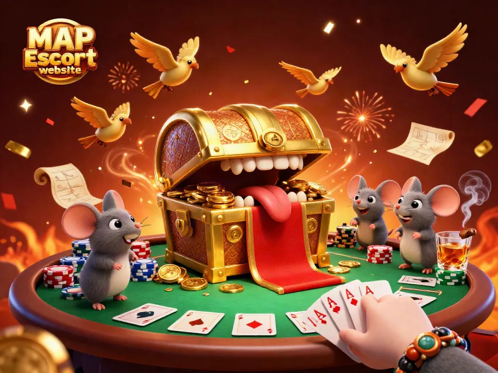 Bet on riches in a vibrant scene featuring the MAP Escort website and adventurous mice with golden treasure.
