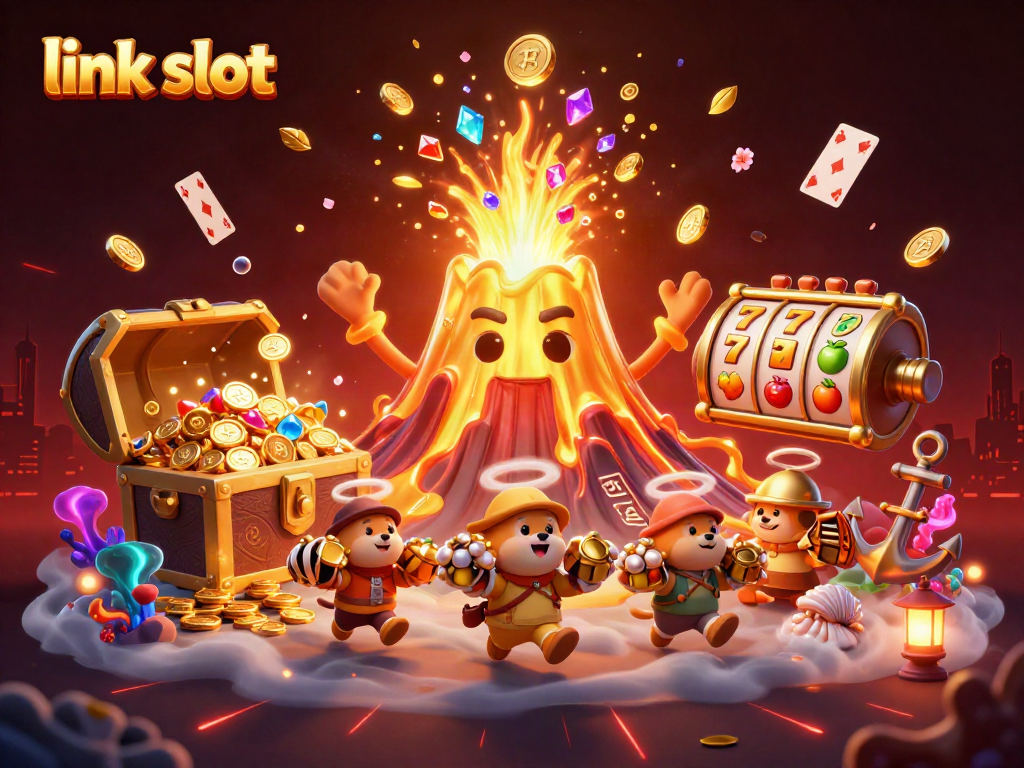 Experience the thrill of link slot with a triumphant volcano surrounded by treasure-filled adventure