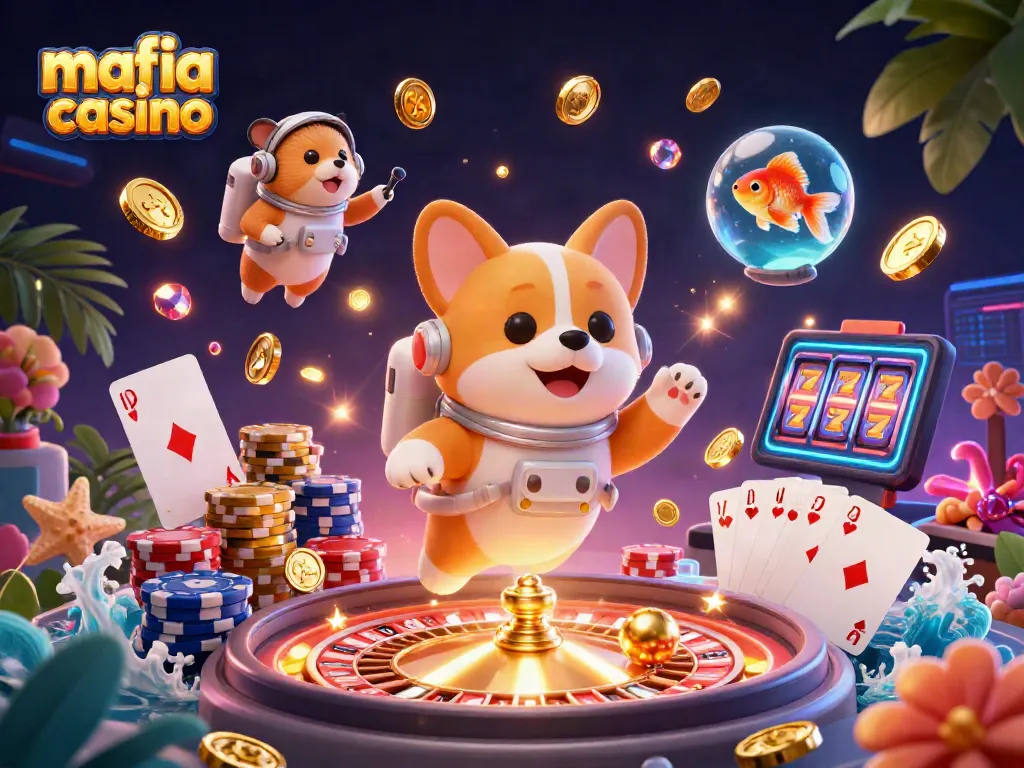 Mafia casino scene with an astronaut corgi, mission-control hamster, and goldfish, showcasing casino games