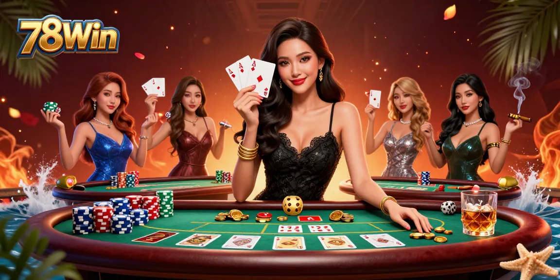 Experience the thrill of winning with 78Win at the vibrant casino, featuring a glamorous female player showcasing her aces.