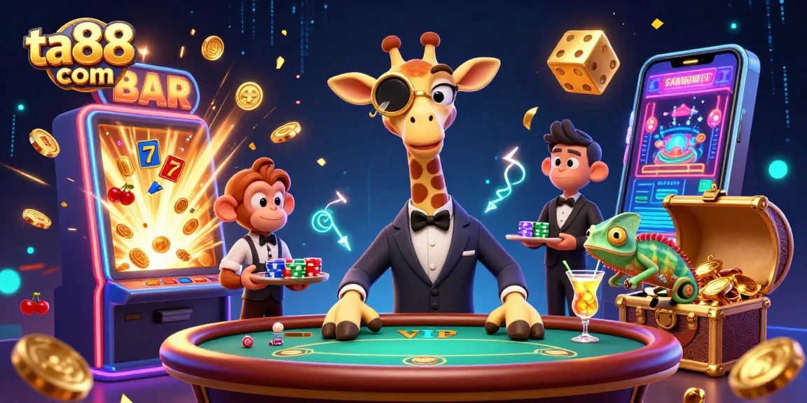 Engage with ta88 com's exciting casino features amid a vibrant illustration of a giraffe at a poker table.