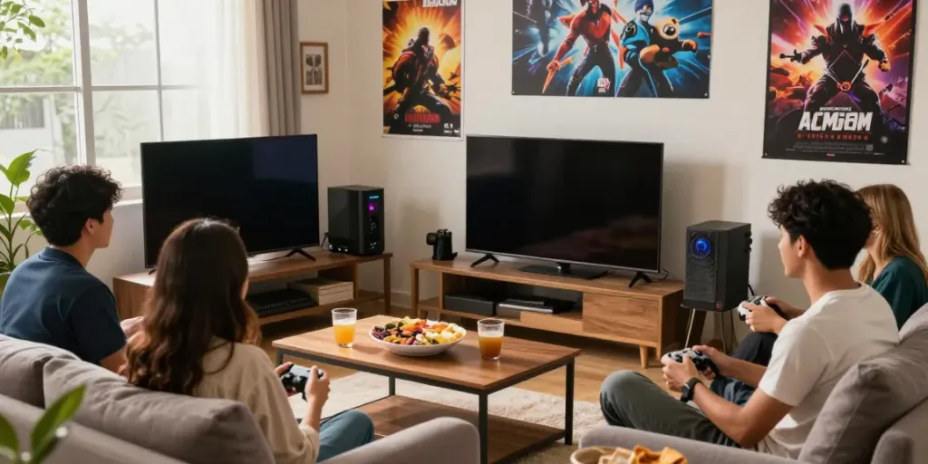 Friends enjoying gaming on ROKOK88 in a cozy living room.