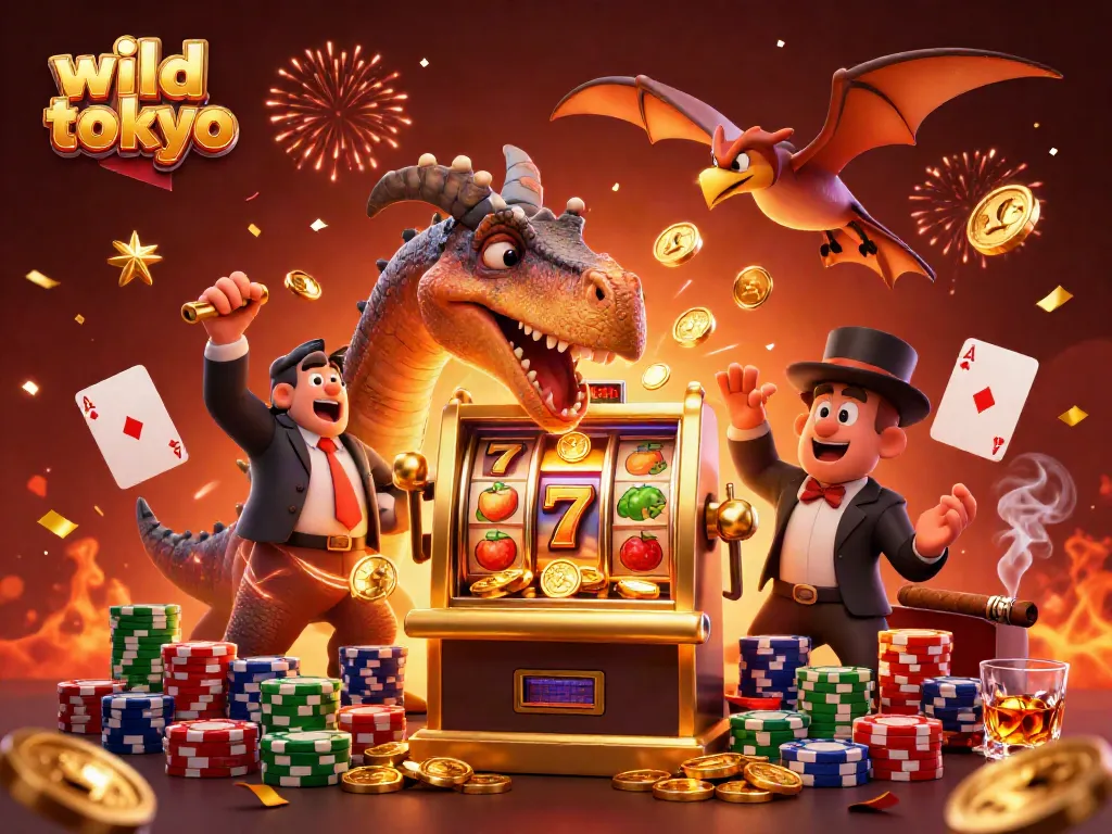 Experience wild tokyo's excitement with a pachycephalosaurus hitting a jackpot slot machine.