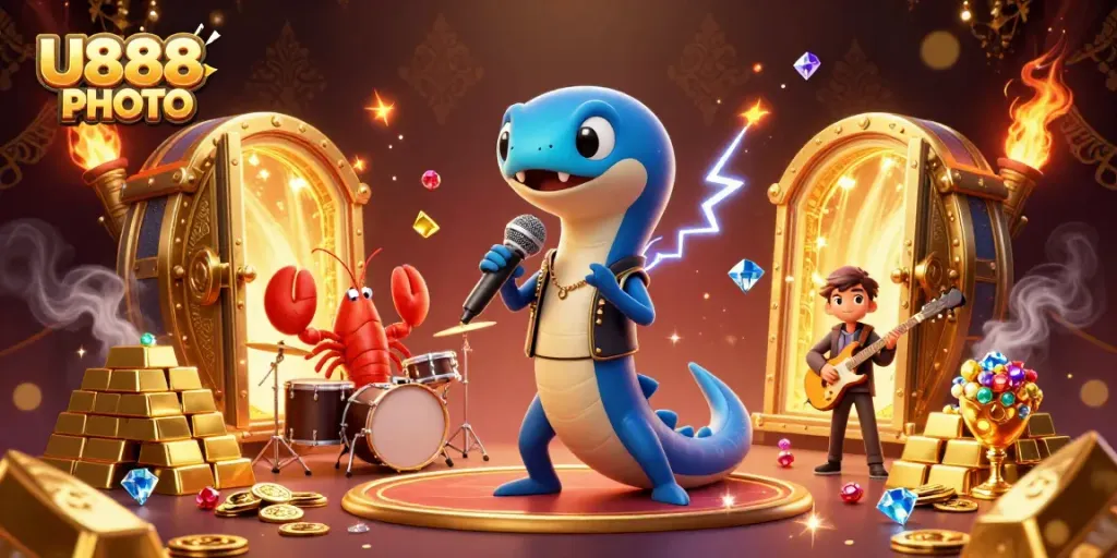 Experience the excitement of U888 PHOTO with a vibrant underwater casino scene featuring dynamic musical characters.