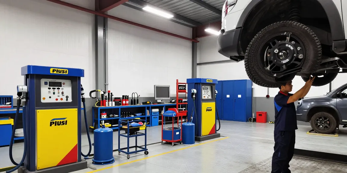 Impianto Piusi in officina meccanica con meccanici al lavoro su macchinari.