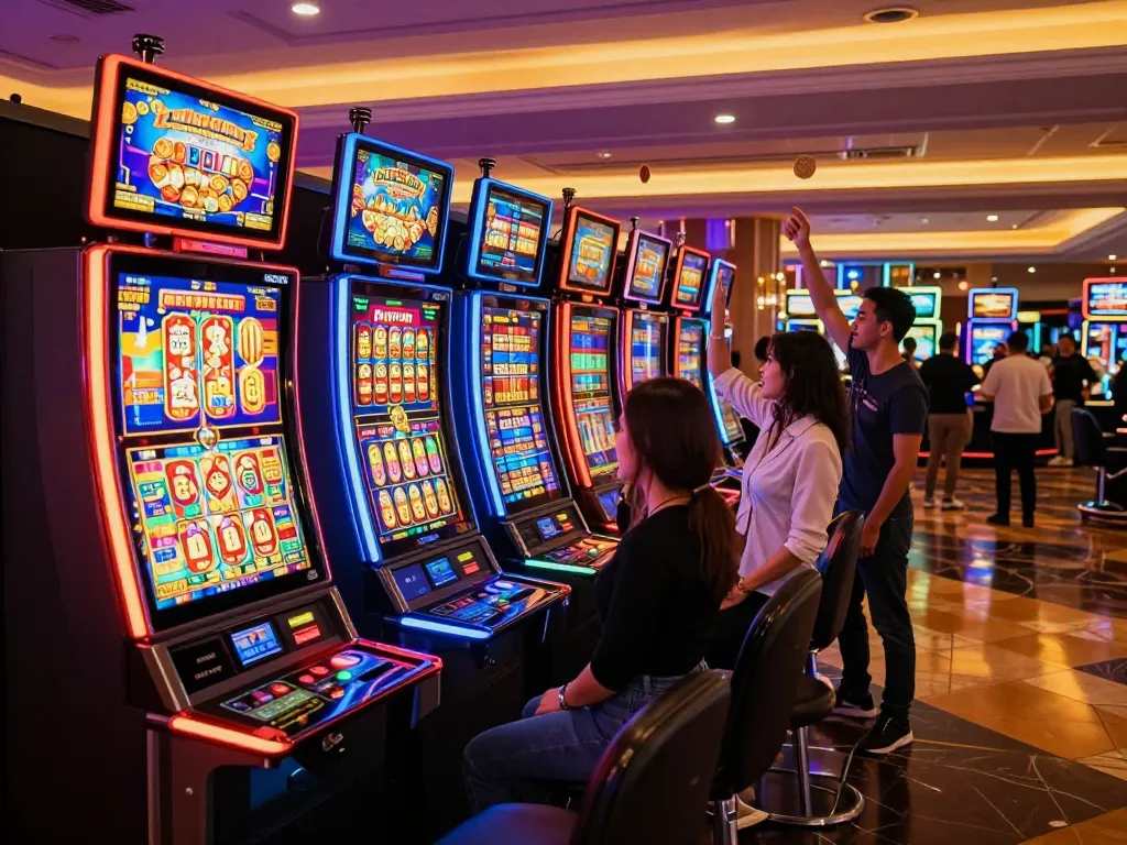 Players engaging with vibrant raja slot machines in an exciting casino environment