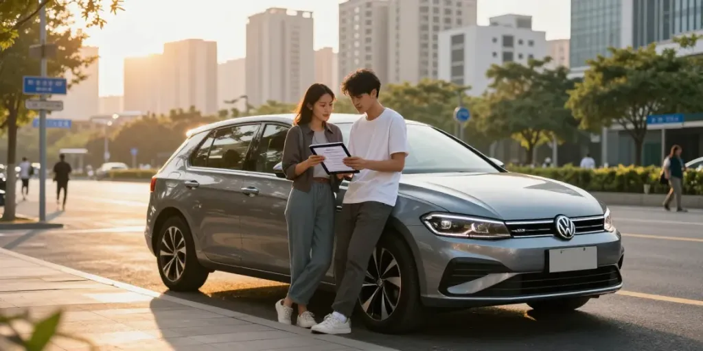 Noleggio lungo termine Volkswagen: coppia esamina contratto di noleggio con auto Volkswagen nel contesto urbano.