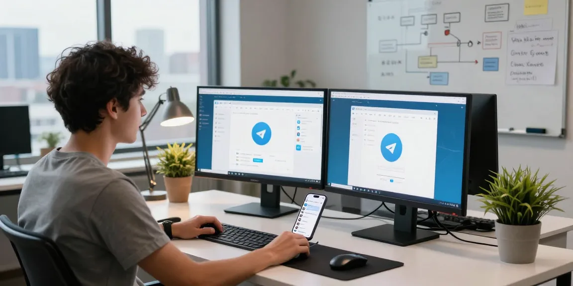 Developer using the Telegram web version in a modern tech workspace.