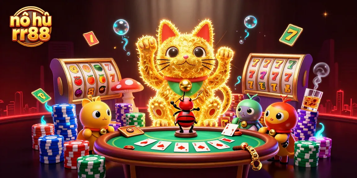 Play exciting nổ hũ rr88 with a vibrant 3D illustration showcasing casino symbols and a lucky cat