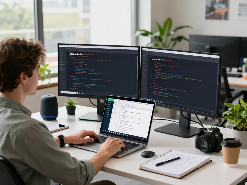 Workspace featuring Clawdbot AI assistant on dual monitors, highlighting automation and integration in a modern tech environment.