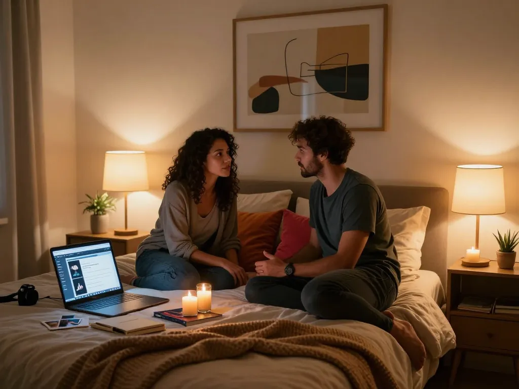 Couple discussing ai sex dynamics in a cozy bedroom setting, highlighting emotional intimacy.