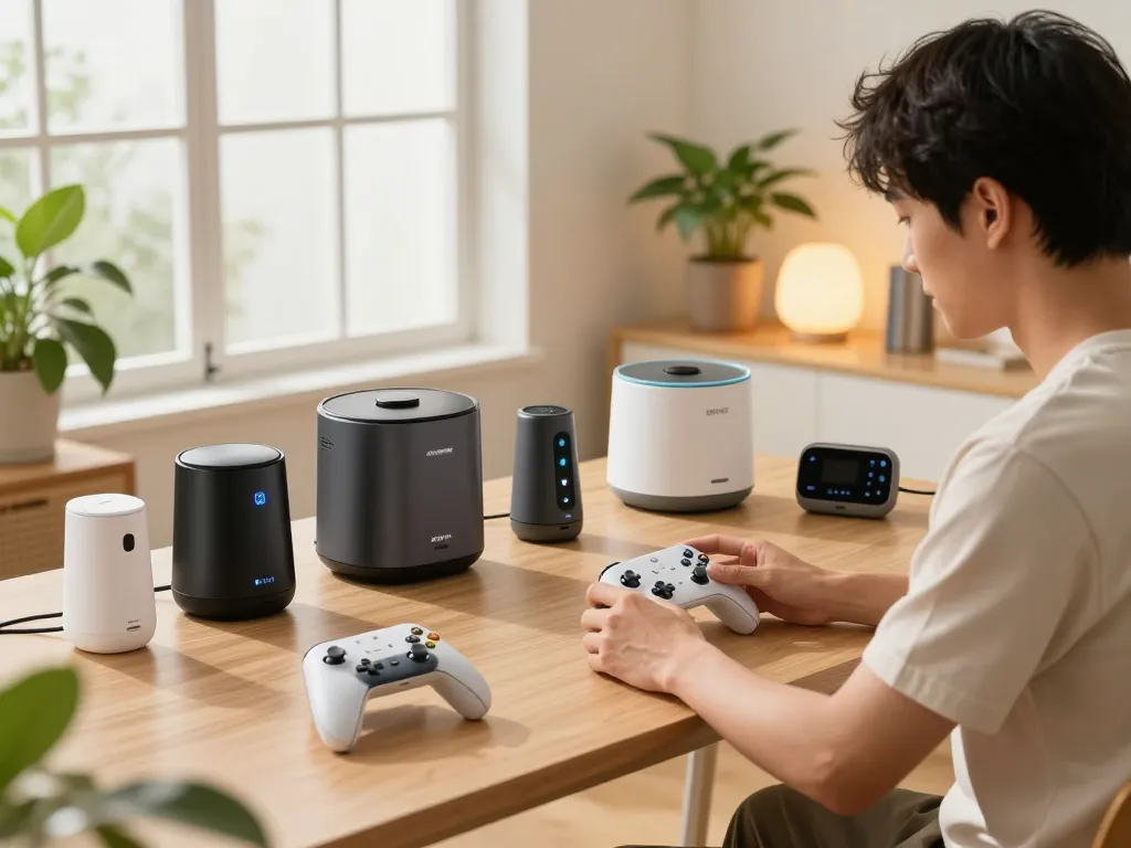 Reviewing the latest tech gadgets 2069 in a modern home office with Bluetooth devices and warm ambiance.