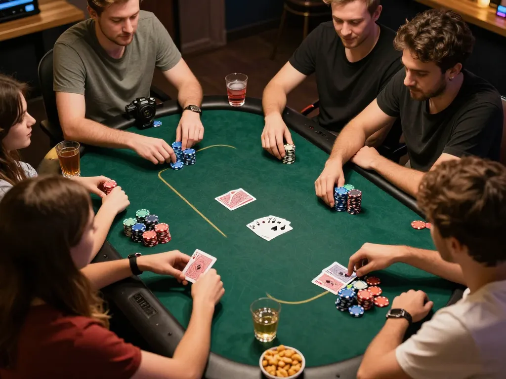 Friends playing poker at home while enjoying 99ok gaming experience together, with chips and cards clearly visible.