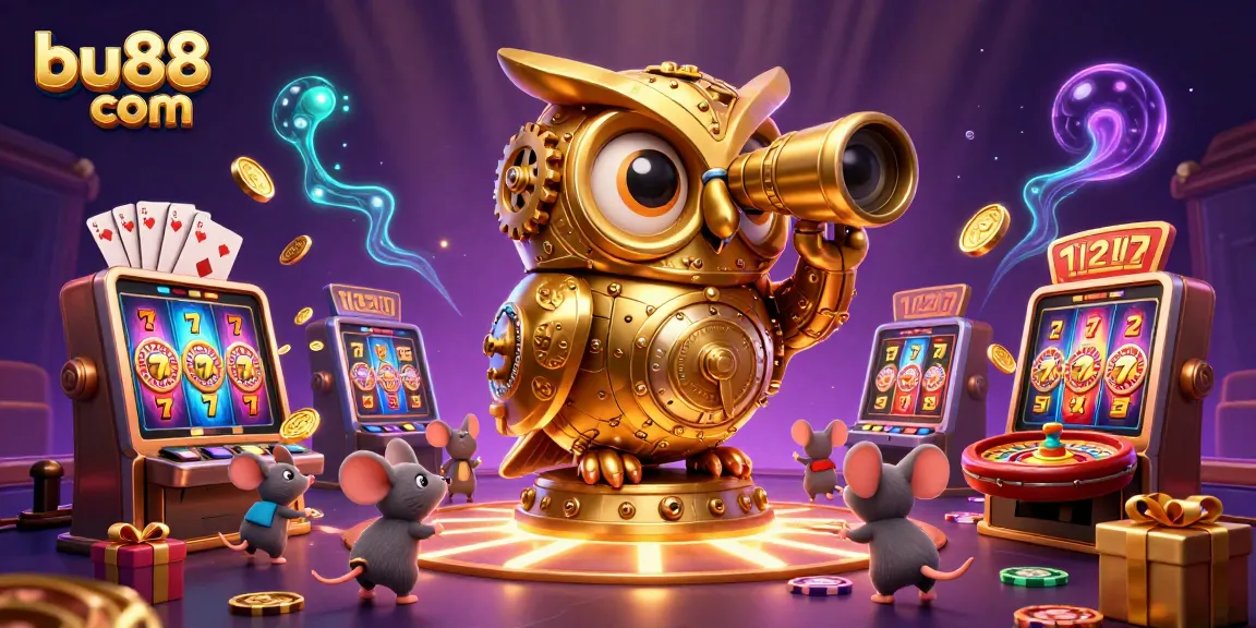 Experience the thrill of bu88 com with an animated casino scene featuring a golden owl and slot machines.